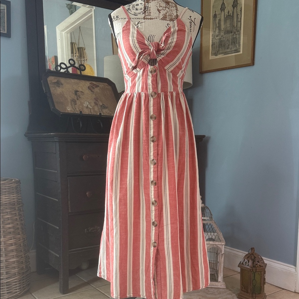 Japna Coral Red Creamy White Striped Tie-Front Button Up Spaghetti Strap Dress - Picture 12 of 12